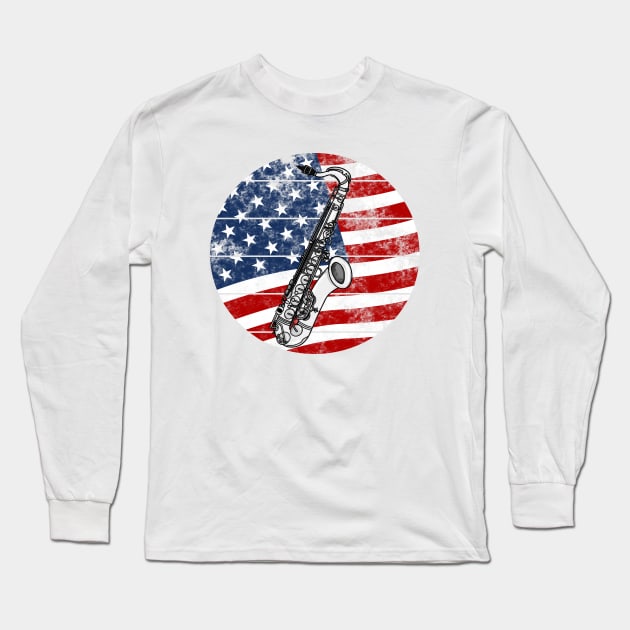 Saxophone USA Flag Saxophonist Musician 4th July Long Sleeve T-Shirt by doodlerob